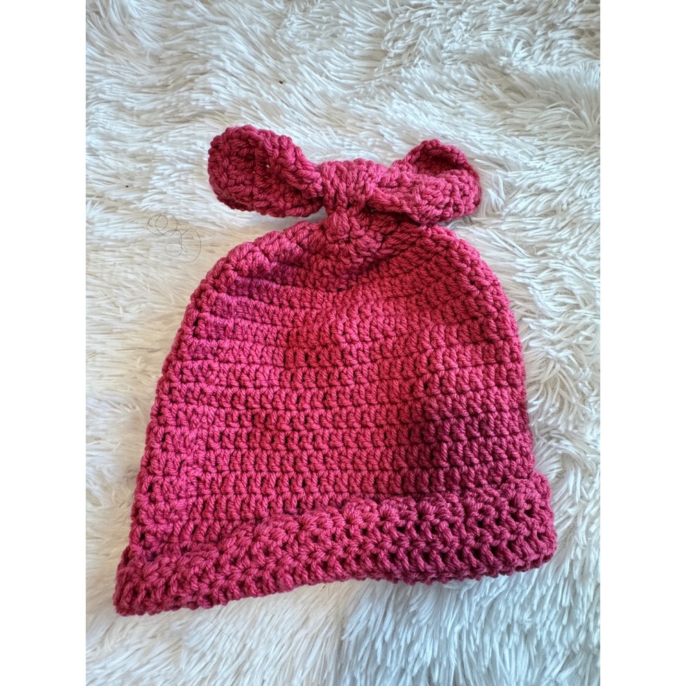Handmade Crochet Bow Beanie Magenta Pink Knit Winter Hat Top Knot Scalloped Edge